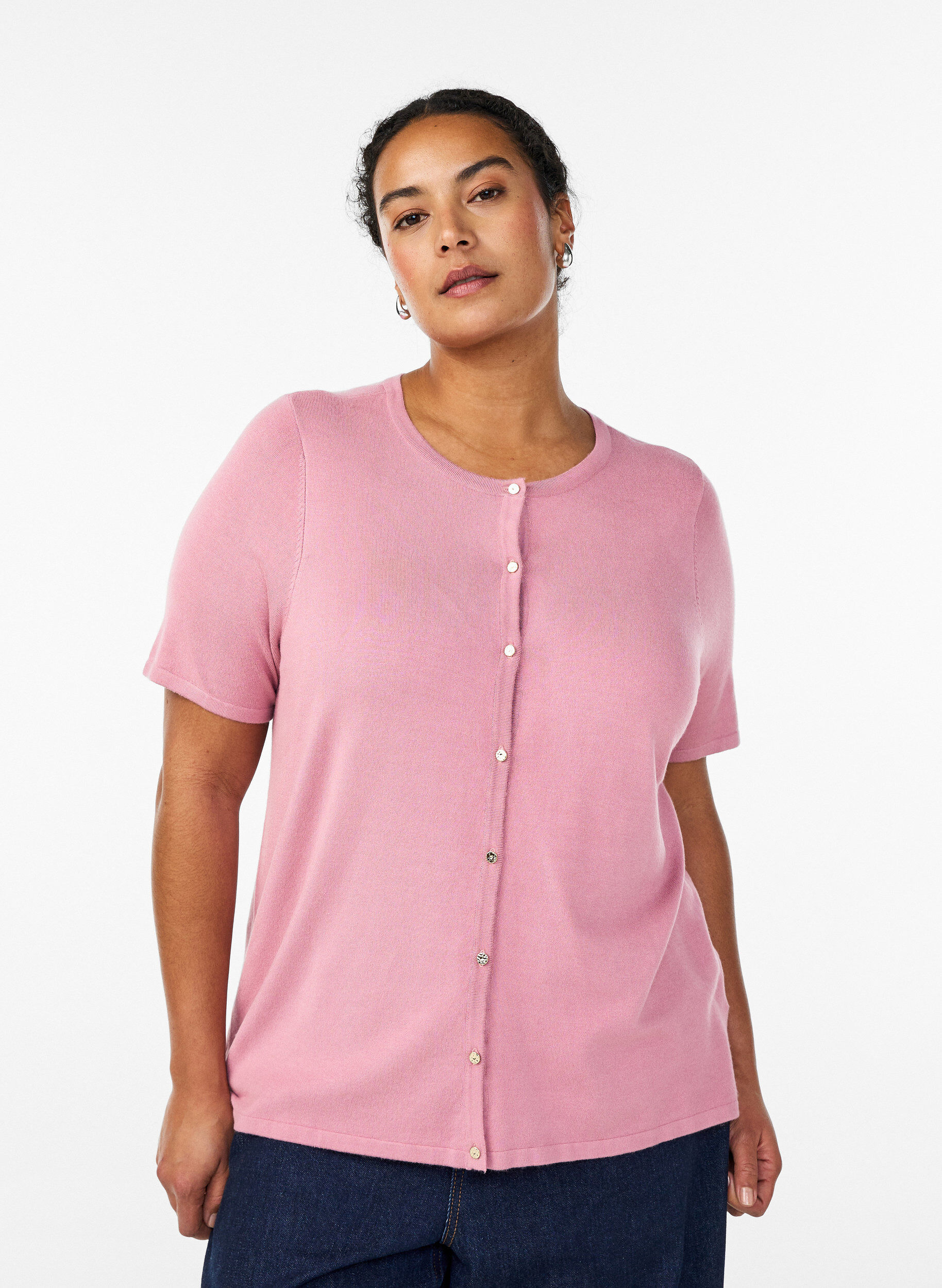Zizzifashion Short-sleeved knit cardigan in viscose, Rose, Model image number 0