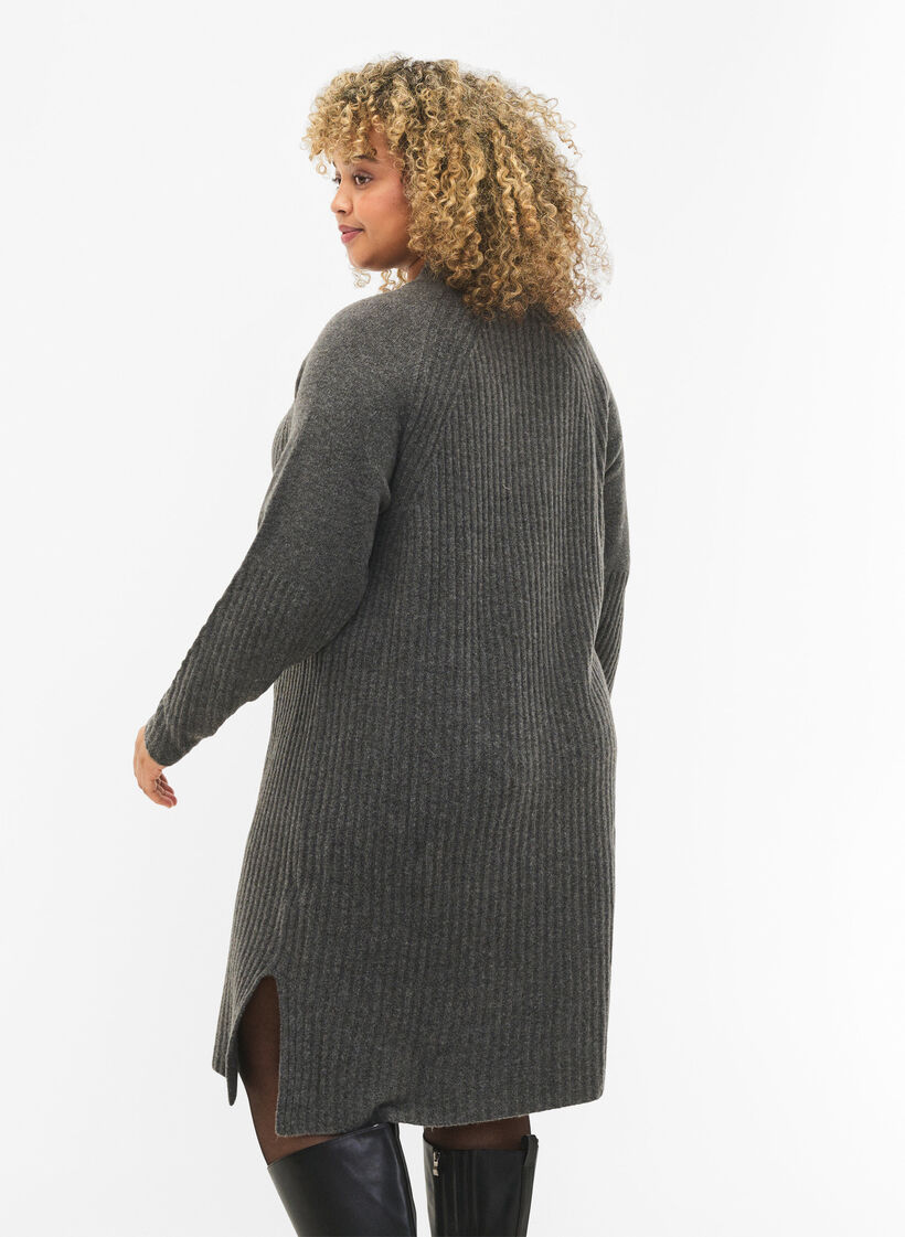 Ribbed Knit Dress with Turtleneck, Dark Grey Melange, Model image number 1