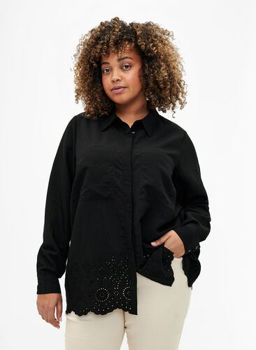 Viscose shirt with broderie anglaise, Black, Model image number 0