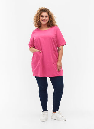 FLASH - Short sleeved tunic in cotton, Raspberry Rose, Model image number 2