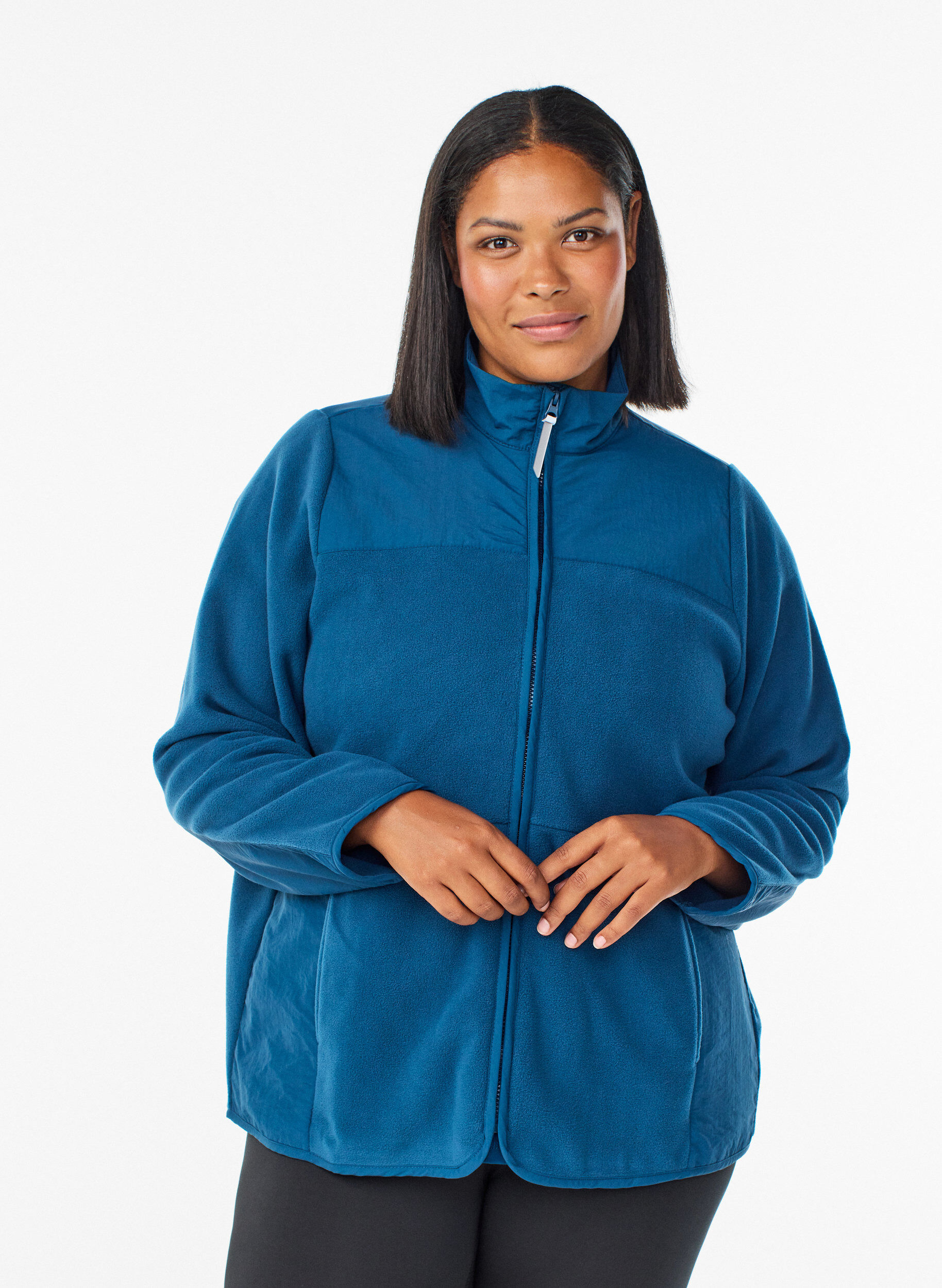 Fleece jacket with high collar and pockets, Blue, Model