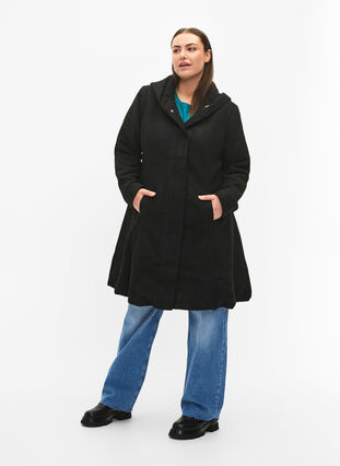 A-line coat with hood, Black, Model image number 2