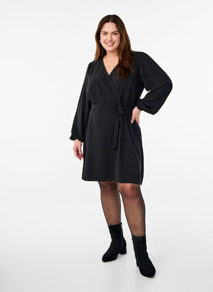 Short wrap dress with tie belt - Black - Sz. 40-64 - Zizzifashion Short wrap dress with tie belt - Black - Sz. 40-64 - Zizzifashion