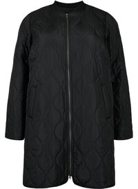 Long quilted jacket with pockets and zipper