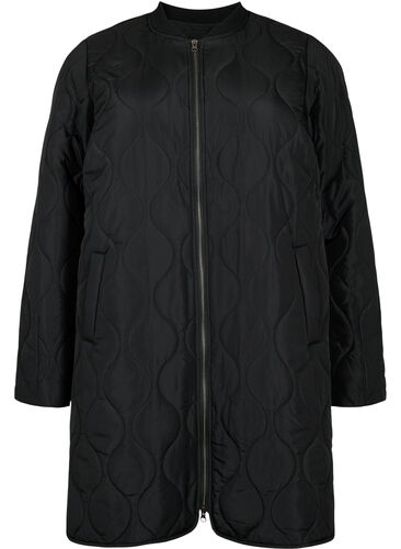 Long quilted jacket with pockets and zipper, Black, Packshot image number 0
