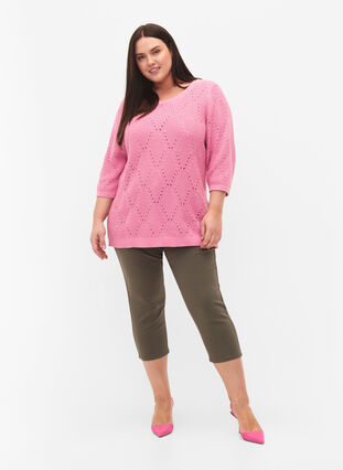 	 Knitted jumper with 3/4 sleeves and lace pattern, Begonia Pink, Model image number 3