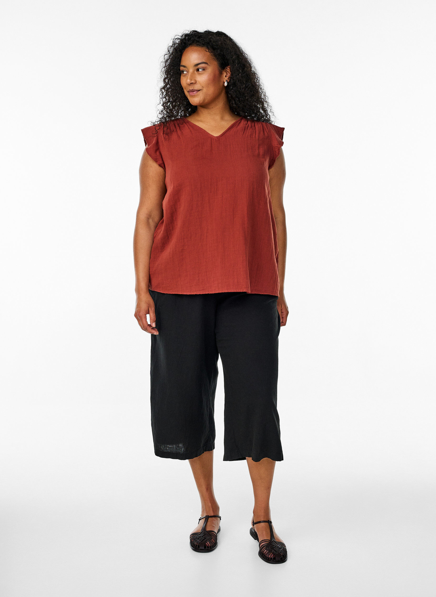 ZizzifashionSleeveless top in cotton muslin with ruffles, Red, Model image number 1