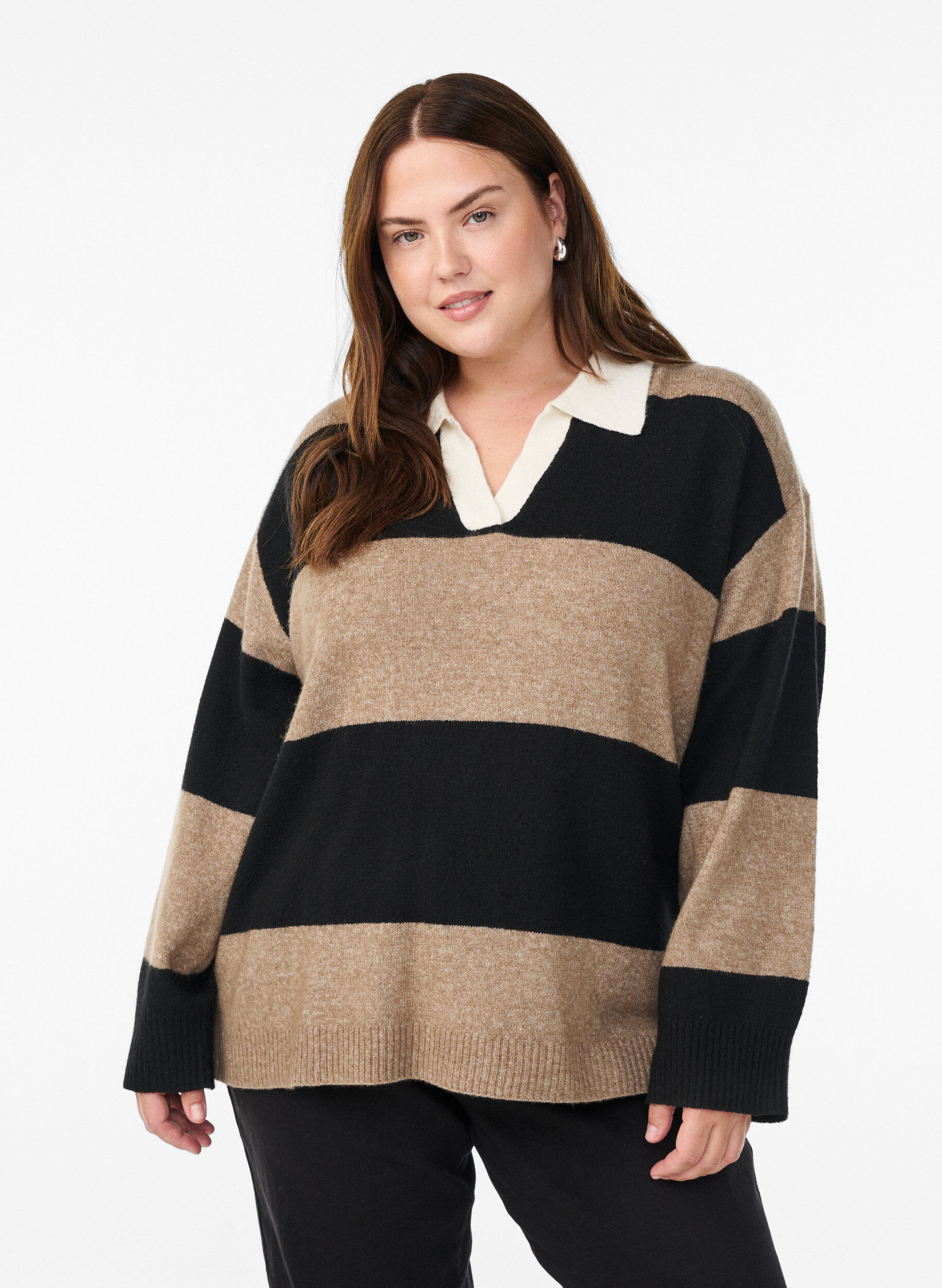 Zizzifashion Knit blouse with collar and V-neckline, Black, Model image number 0