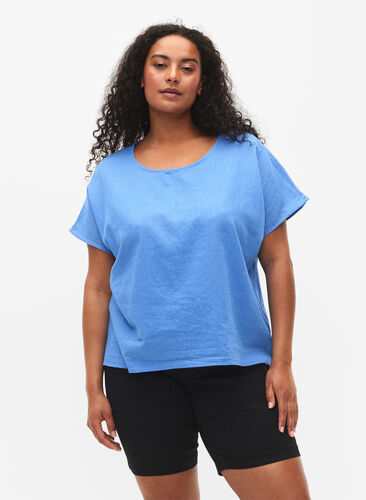 Short-sleeved blouse in cotton blend with linen, Ultramarine, Model image number 0