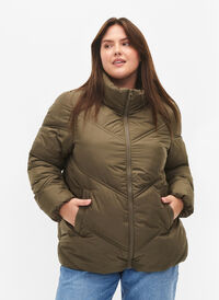 Short puffer Winter jacket with pockets, Bungee Cord , Model