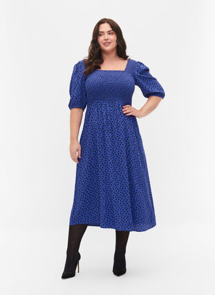 Polka dotted viscose dress with smock, R.Blue w. Black Dot, Model image number 0