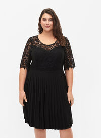 Short sleeve dress with lace top, Black, Model
