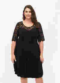 Short sleeve dress with lace top, Black, Model