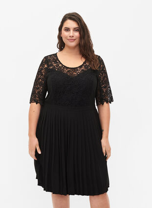 Short sleeve dress with lace top, Black, Model image number 0