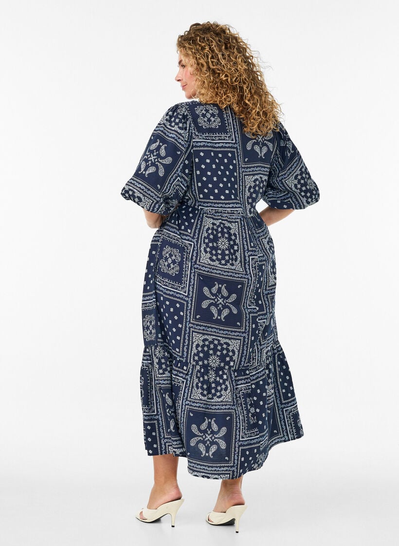 Ankle-length dress in viscose with paisley print and short sleeves, Blue, Model image number 1