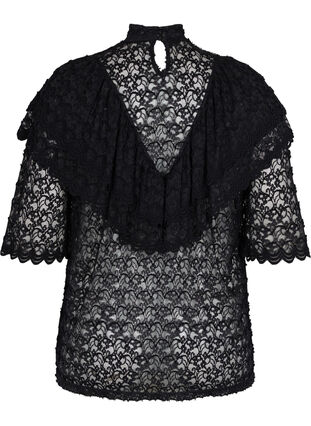 Lace top with ruffles and 2/4 sleeves, Black, Packshot image number 1
