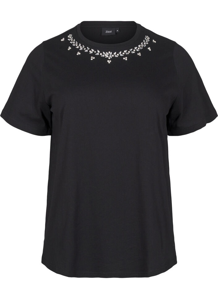 T-shirt with round neck and rhinestones, Black, Packshot image number 0
