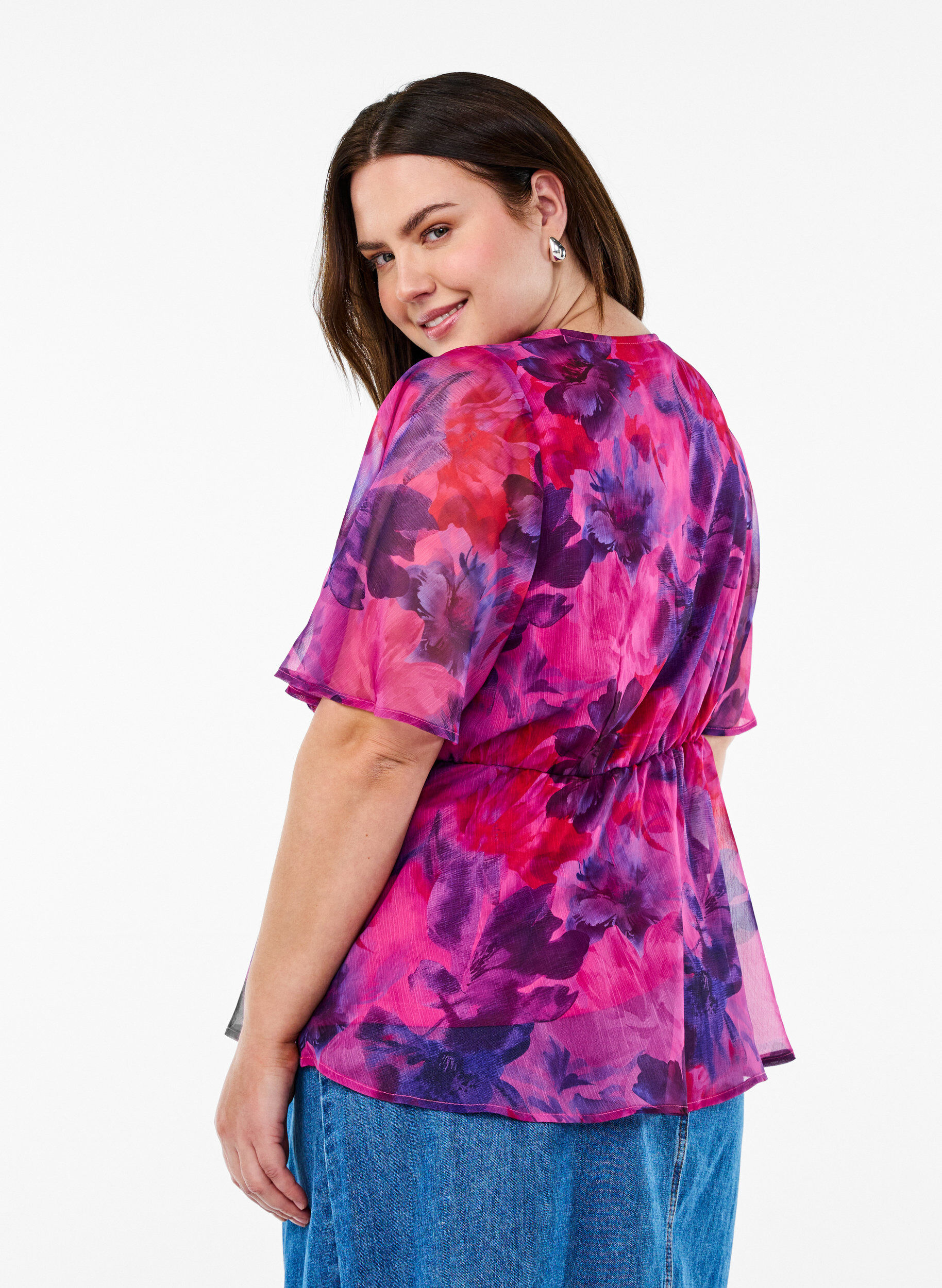 ZizzifashionFloral chiffon blouse with short sleeves, Red, Model image number 2