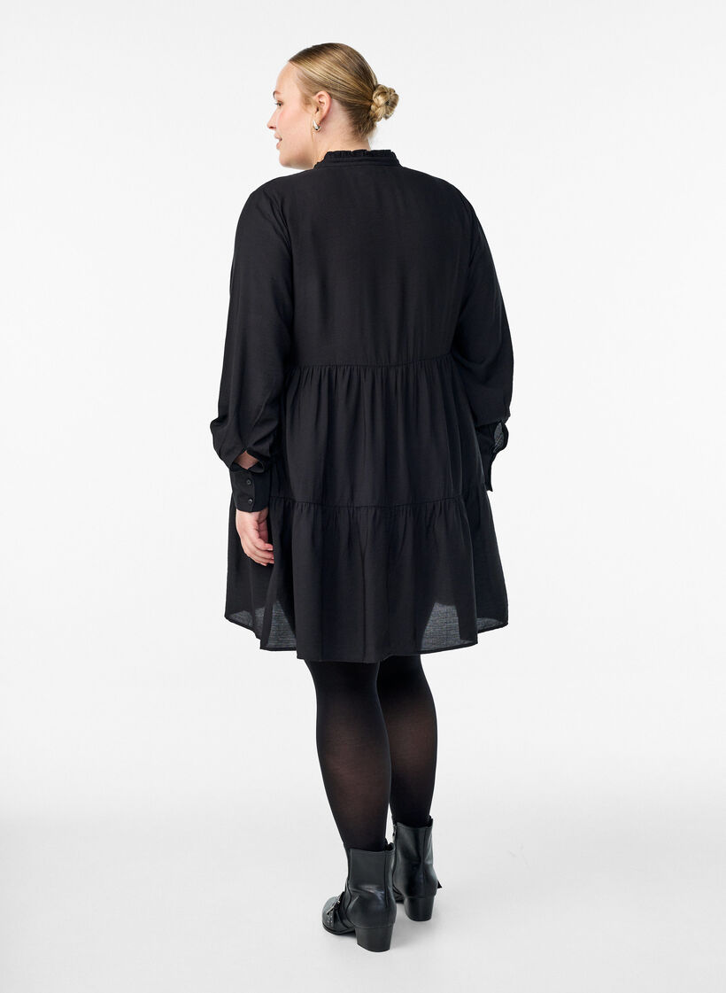 A-line dress with ruffle collar, Black, Model image number 2