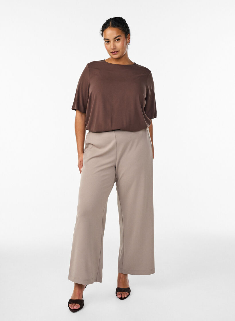 FLASH - Short-sleeved woven blouse with round neck, Brown, Model image number 1