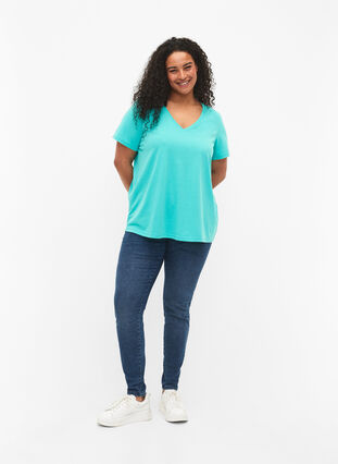 Short sleeve t-shirt with v-neckline, Turquoise, Model image number 2