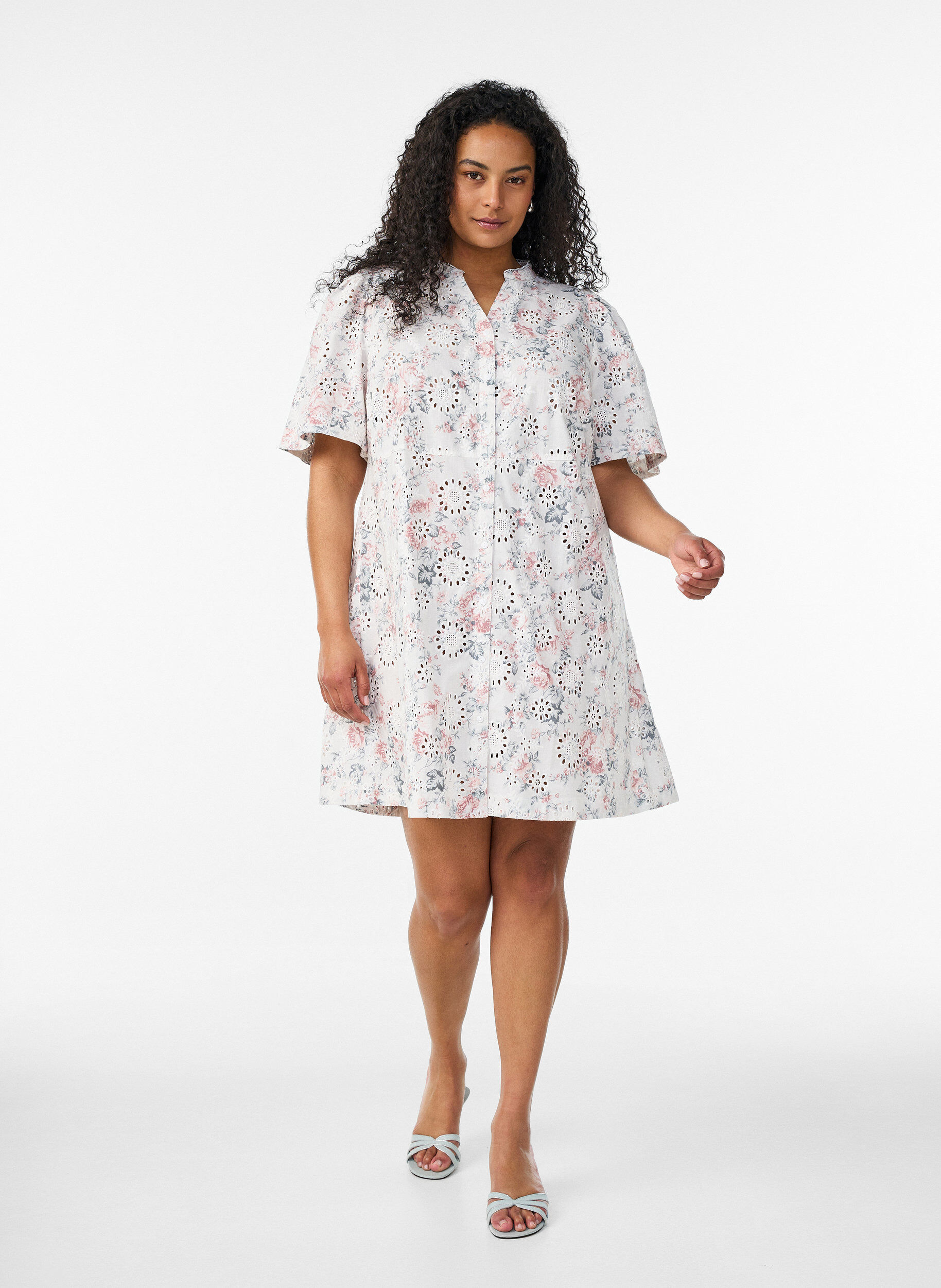 ZizzifashionCotton dress with floral print and broderie anglaise, Vanilla, Model image number 1