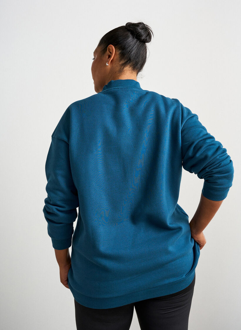 Long sweatshirt with high neck and embroidered text, Blue, Model image number 2