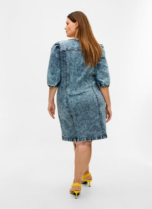 Puff sleeve denim dress, Medium Blue Denim, Model image number 1