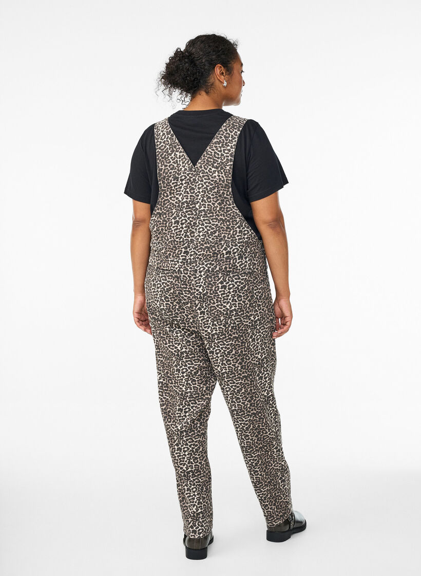 Leopard print denim dungarees, Brown, Model image number 1