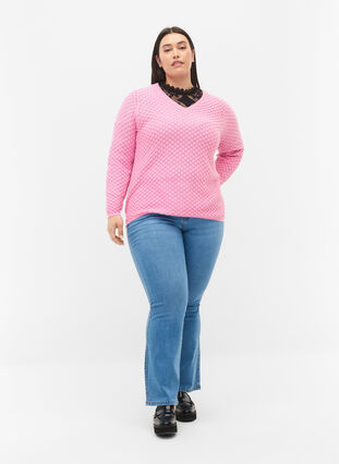 Patterned knitted top with v-neckline, Begonia Pink, Model image number 2