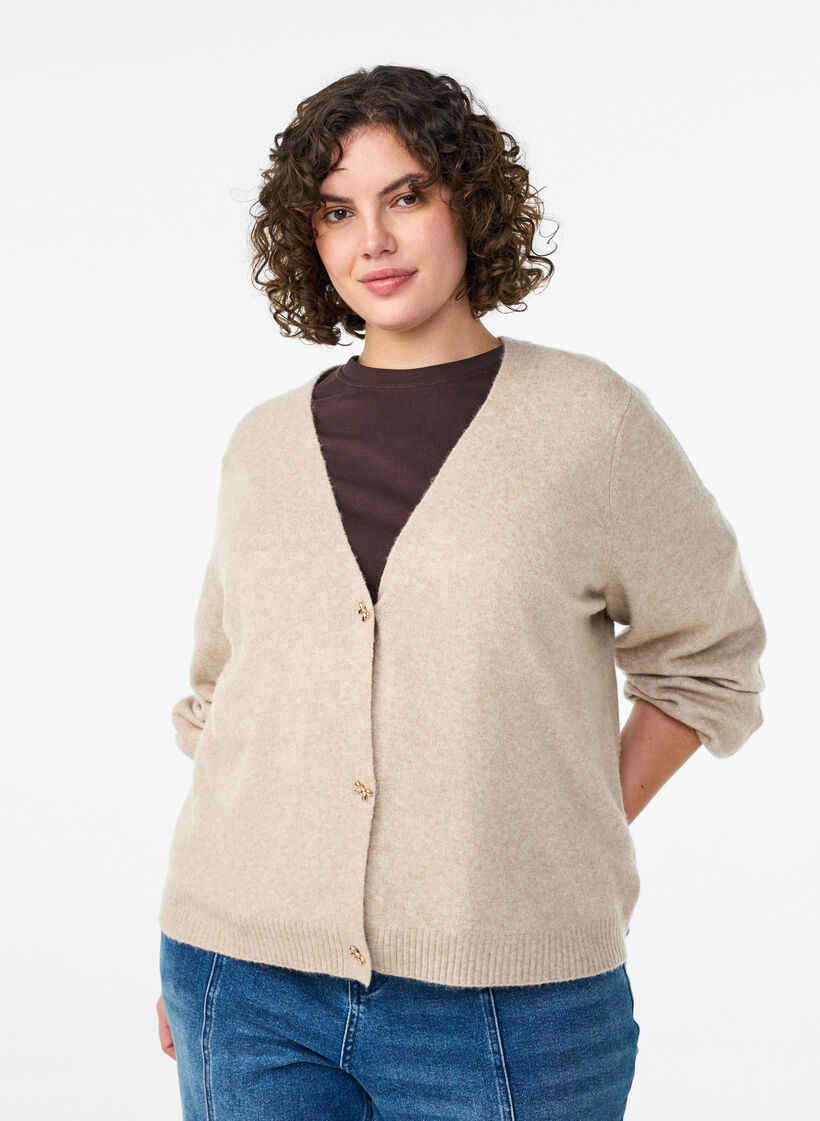 Knit cardigan with wool and bow buttons, Beige, Model image number 0