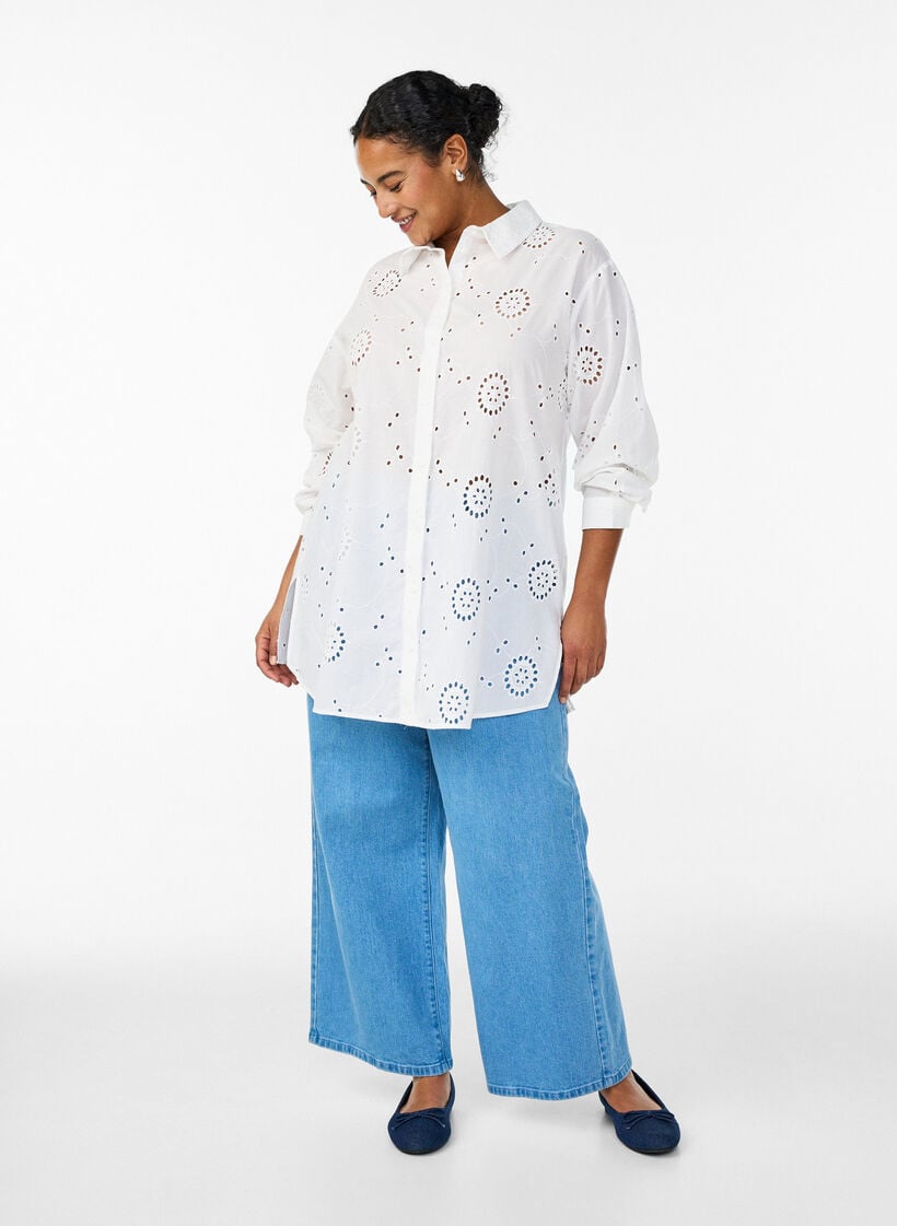 Cotton tunic with broderie anglaise, White, Model image number 1