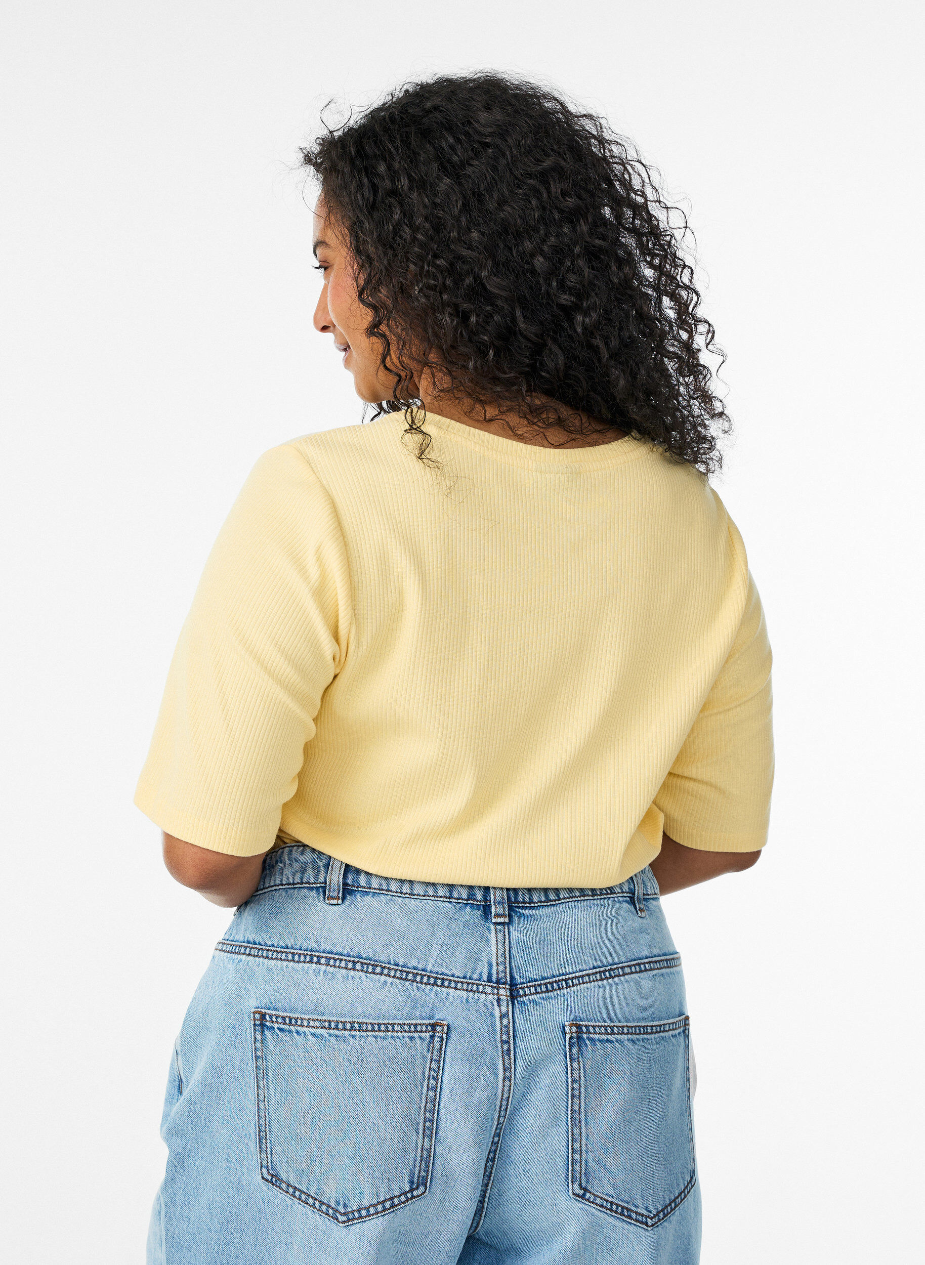 ZizzifashionRibbed jersey blouse with short sleeves, Yellow, Model image number 2