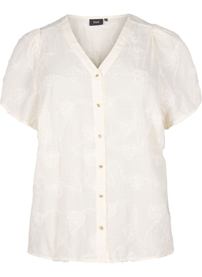 Short-sleeved shirt blouse with a 3D flower effect, Beige, Packshot image number 0