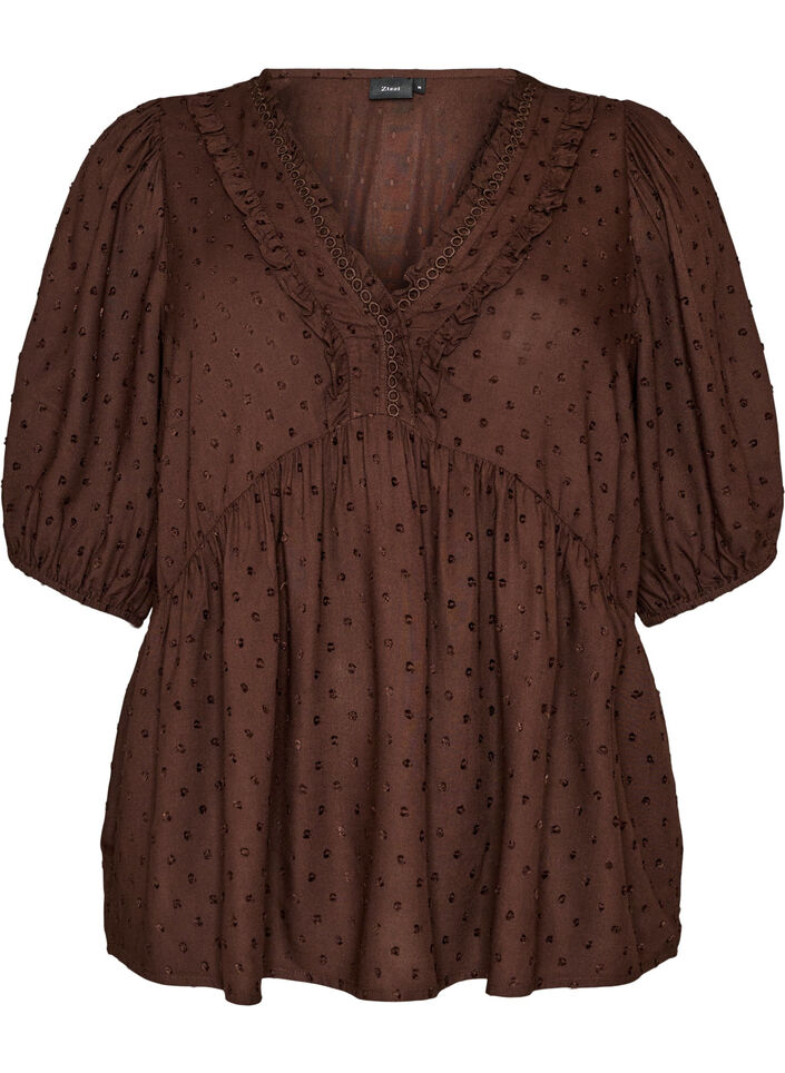 Viscose blouse with a dotted texture and V-neck, Brown, Packshot image number 0