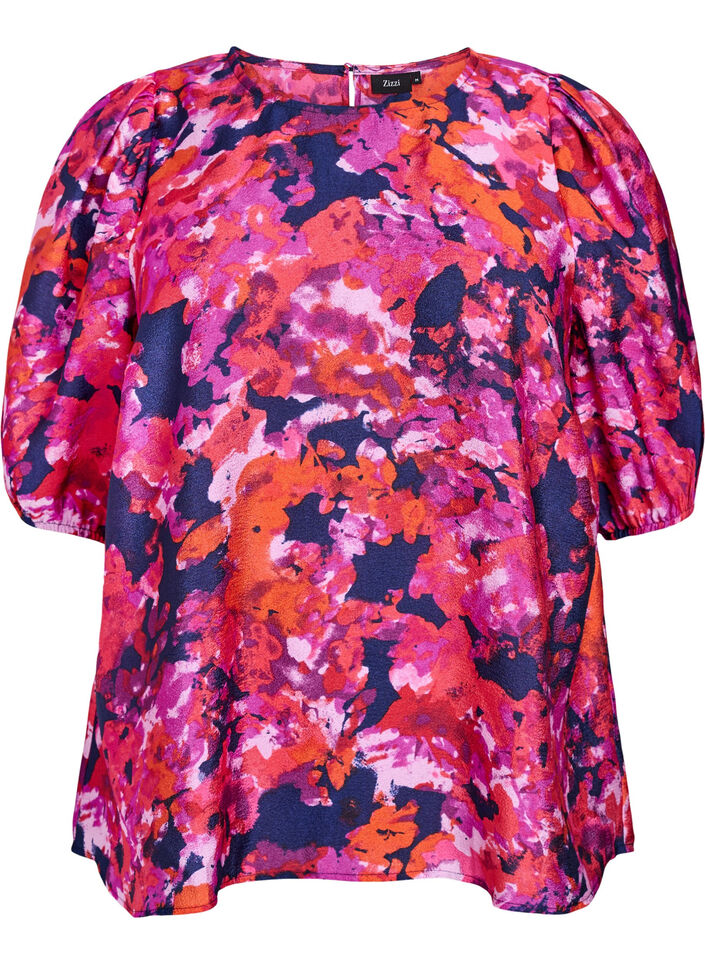 Blouse with 1/2 sleeves and a colourful print, Pink, Packshot image number 0