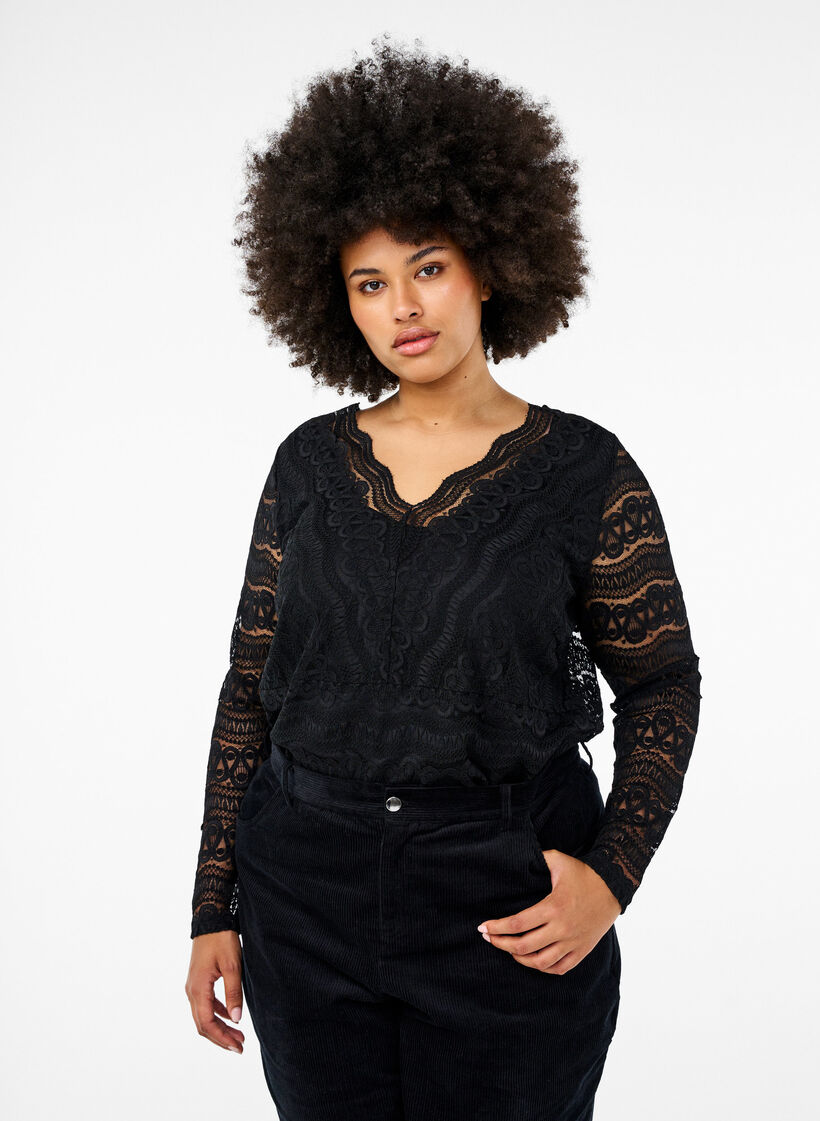 V-neck lace blouse with lining, Black, Model image number 0