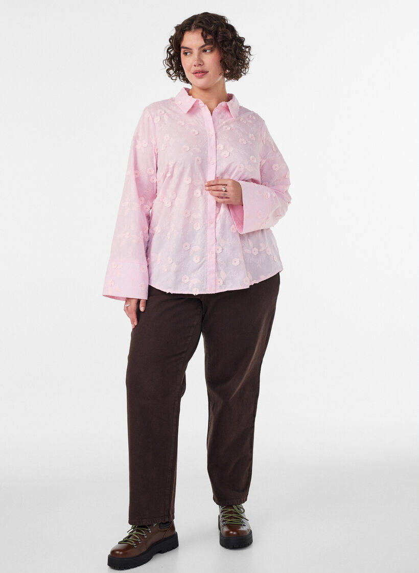 Shirt with floral embroidery and wide sleeves, Pink, Model image number 1