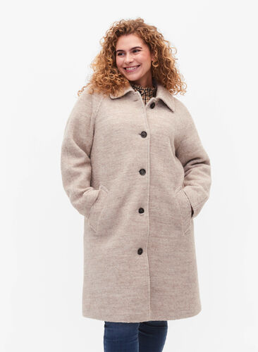 Plaid bouclé coat with buttons, Simply Taupe, Model image number 0