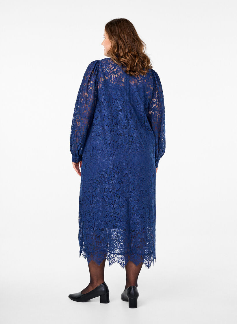 Long-sleeved lace dress with high neck, Estate Blue, Model image number 1