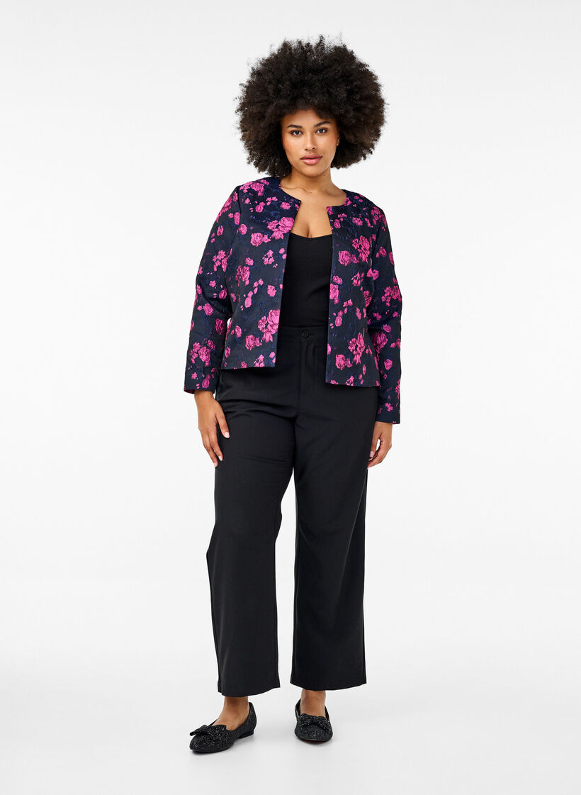 Jacquard jacket with floral pattern, Black w. Red Rose, Model image number 2
