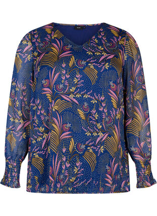 Floral blouse with long sleeves and v neck, Blue w. Pink Leaf, Packshot image number 0