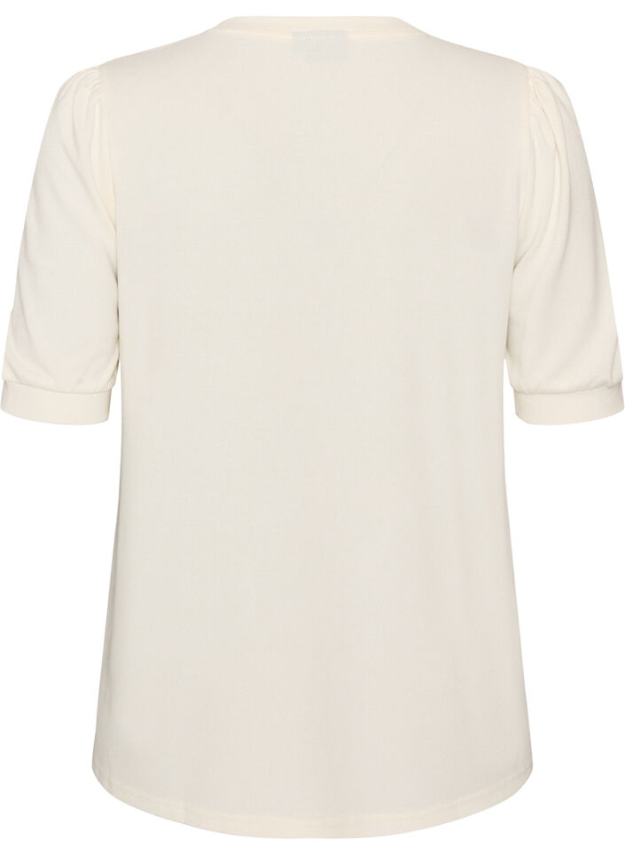 Blouse with button detail and short puff sleeves, Beige, Packshot image number 1