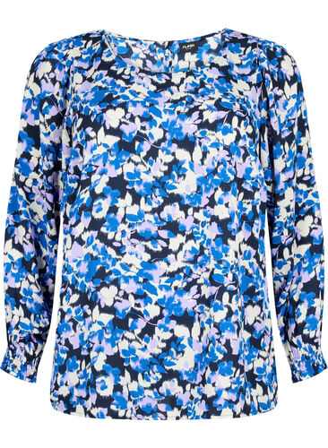 FLASH - Long sleeved blouse with smock and print, Blue Purple Flower, Packshot image number 0