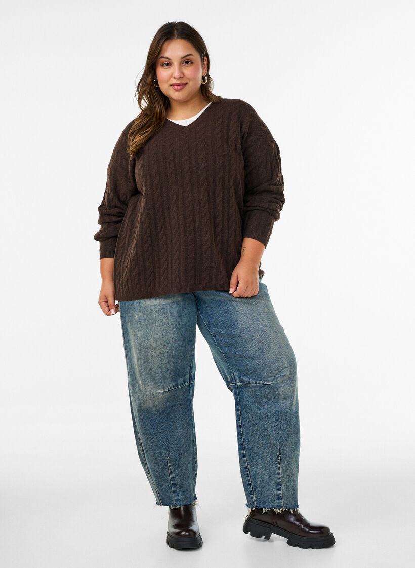Knitted blouse with cable knit and V-neck, Brown, Model image number 1