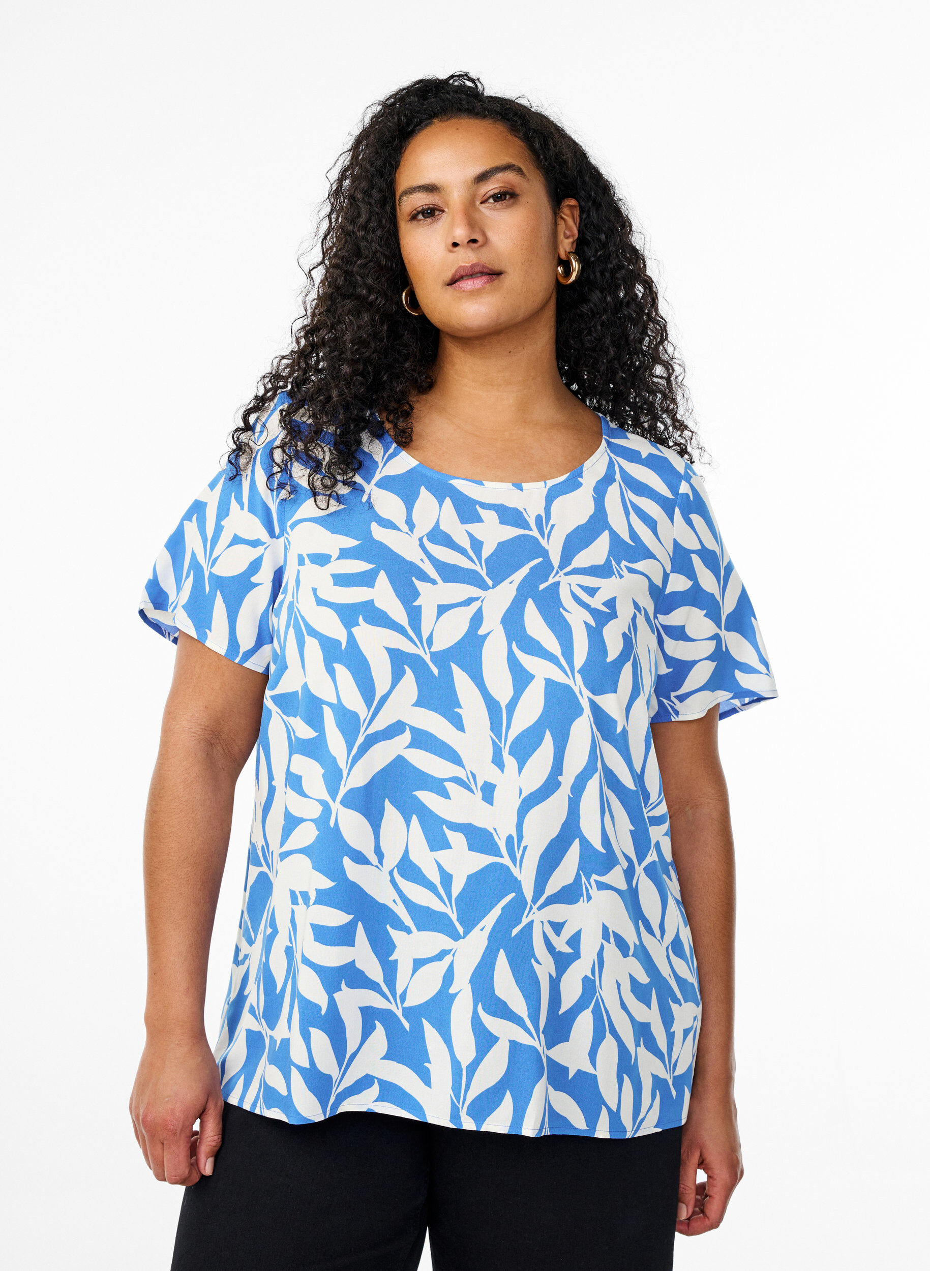 Zizzifashion FLASH - Short sleeve viscose blouse with print, Blue, Model image number 0
