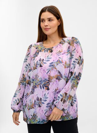 Long-sleeved printed blouse, Orchid Bouquet AOP, Model image number 0