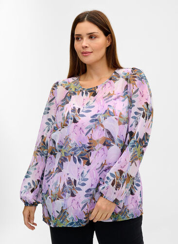 Long-sleeved printed blouse, Orchid Bouquet AOP, Model image number 0