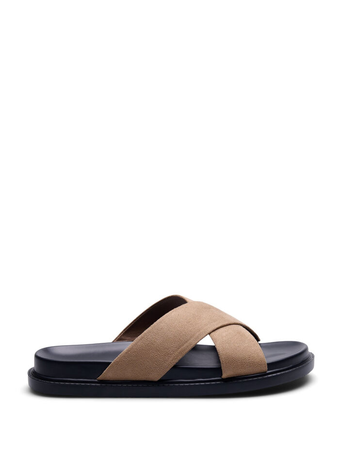 Faux suede sandal with cross straps, Woodsmoke, Packshot image number 0
