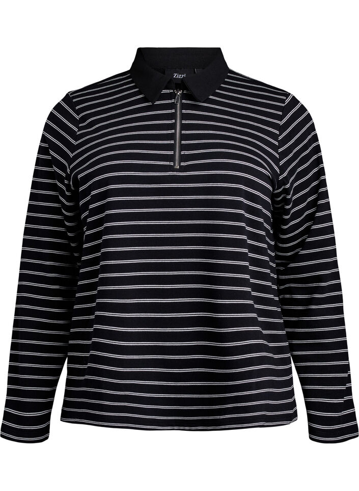 Striped polo shirt with zipper, Black, Packshot image number 0